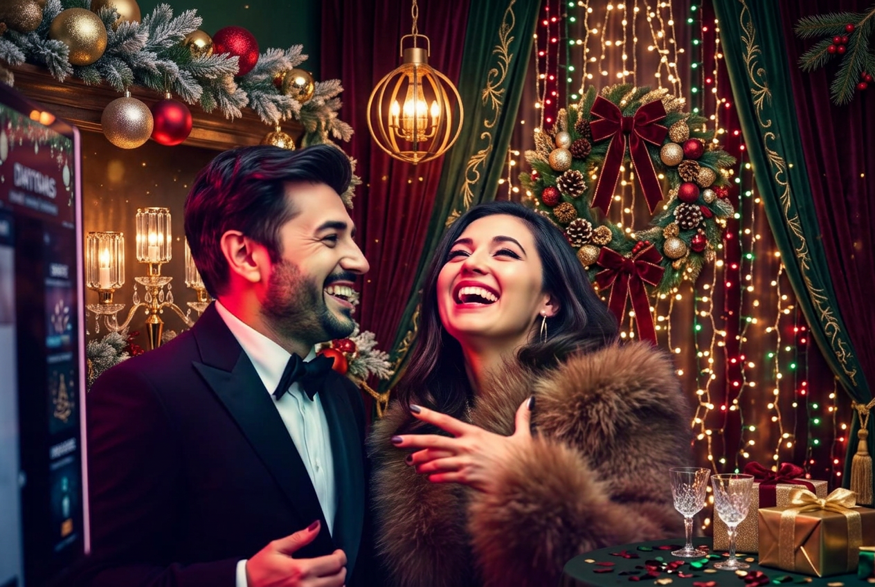 Guests laughing inside an elegant AI holiday photo booth at a Christmas party